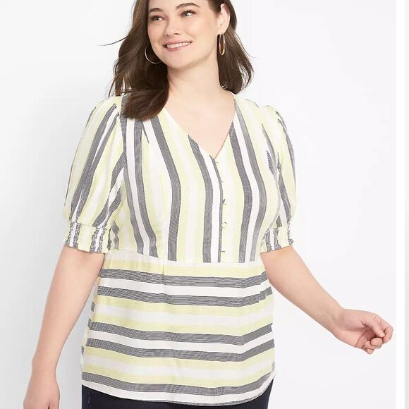 Lane Bryant Womens Striped Puff Sleeve Button-Front Peplum Top Size 14 - Picture 1 of 13